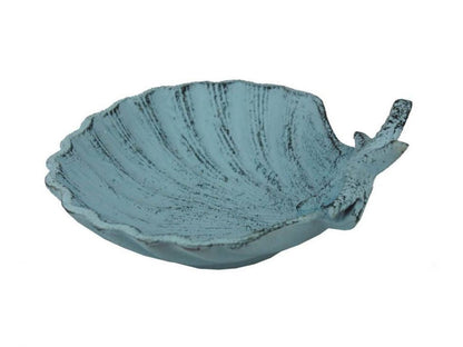 Dark Blue Whitewashed Cast Iron Shell With Starfish Decorative Bowl 6""