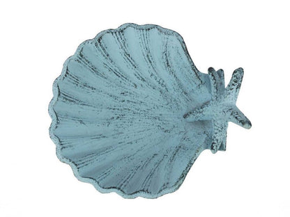 Dark Blue Whitewashed Cast Iron Shell With Starfish Decorative Bowl 6""
