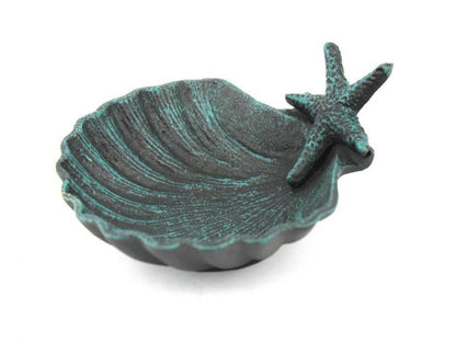 Seaworn Blue Cast Iron Shell With Starfish Decorative Bowl 6""