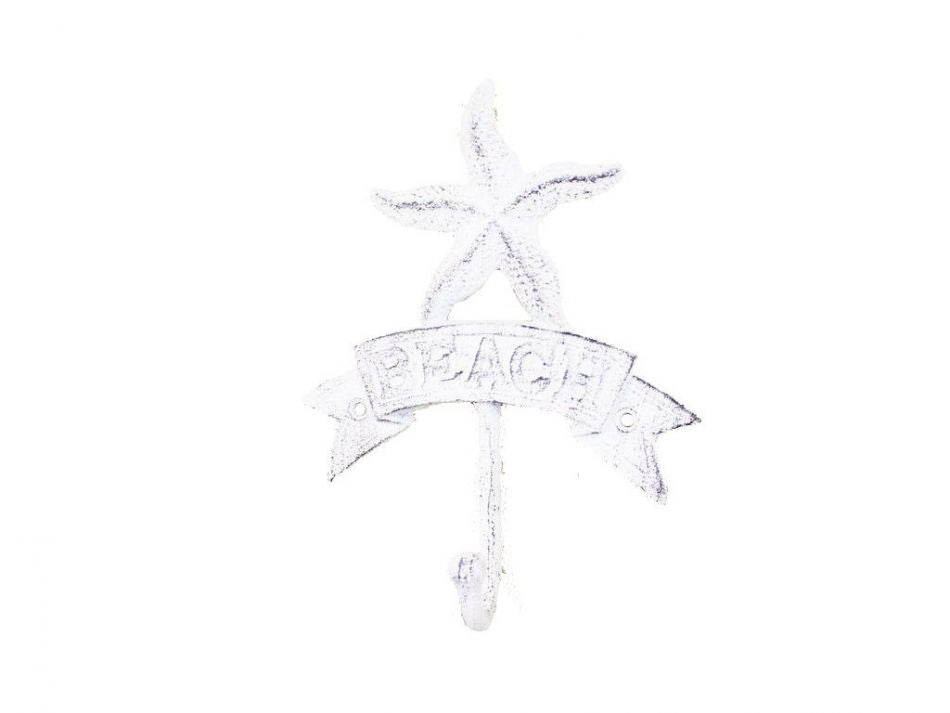 Whitewashed Cast Iron Starfish Beach Hook 8""