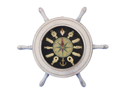 Wooden Whitewashed Ship Wheel with Dark Blue Knot Face Clock 12""