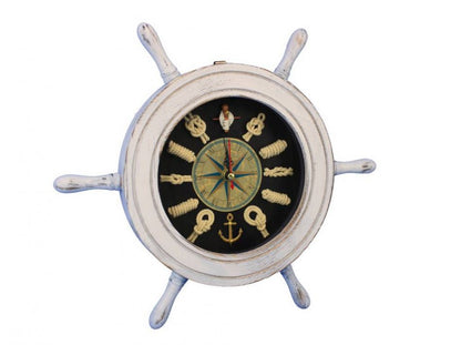 Wooden Whitewashed Ship Wheel with Dark Blue Knot Face Clock 12""