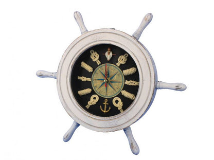 Wooden Whitewashed Ship Wheel with Dark Blue Knot Face Clock 12""