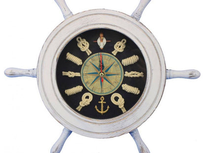 Wooden Whitewashed Ship Wheel with Dark Blue Knot Face Clock 12""
