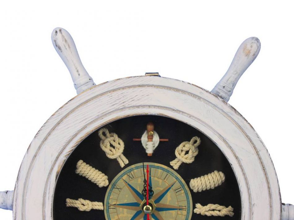 Wooden Whitewashed Ship Wheel with Dark Blue Knot Face Clock 12""