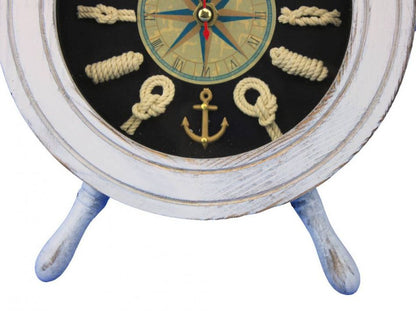 Wooden Whitewashed Ship Wheel with Dark Blue Knot Face Clock 12""