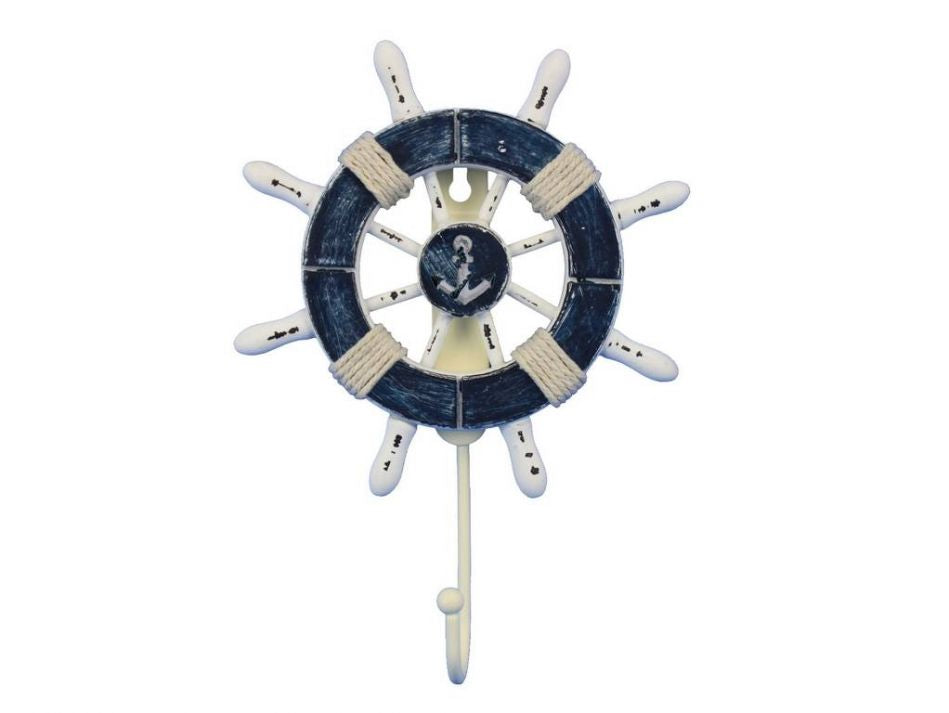 Rustic Dark Blue and White Decorative Ship Wheel with Anchor and Hook 8"