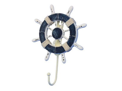 Rustic Dark Blue and White Decorative Ship Wheel with Hook 8"
