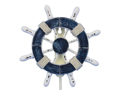 Rustic Dark Blue and White Decorative Ship Wheel with Hook 8"