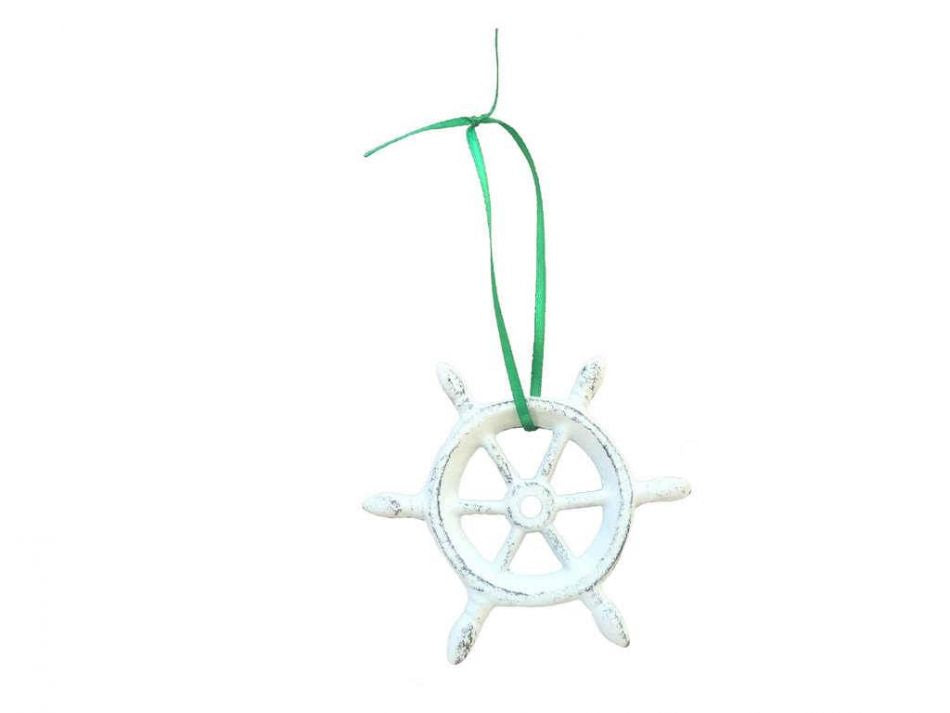 Whitewashed Cast Iron Ship Wheel Decorative Christmas Ornament 4""