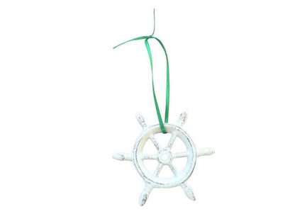 Whitewashed Cast Iron Ship Wheel Decorative Christmas Ornament 4""