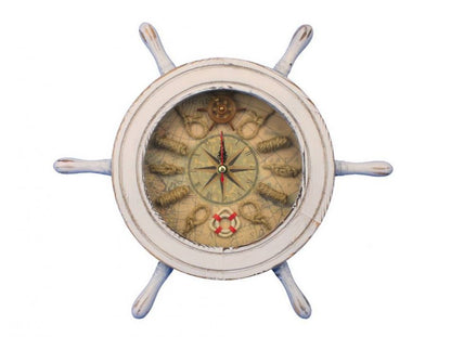 Wooden Whitewashed Ship Wheel Knot Faced Clock 12""