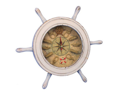 Wooden Whitewashed Ship Wheel Knot Faced Clock 12""