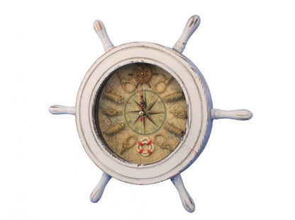 Wooden Whitewashed Ship Wheel Knot Faced Clock 12""
