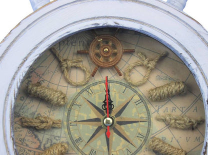 Wooden Whitewashed Ship Wheel Knot Faced Clock 12""