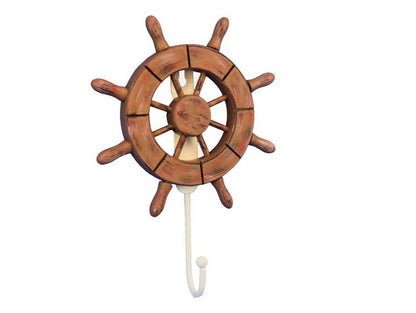 Rustic Wood Finish Decorative Ship Wheel with Hook 8""