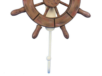 Rustic Wood Finish Decorative Ship Wheel with Hook 8""