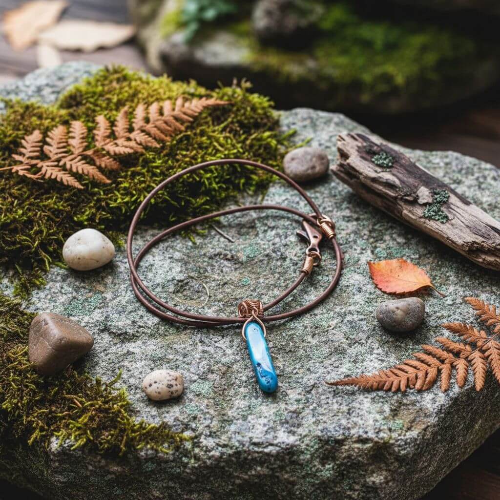 Turquoise Agate Crystal Pendant Leather Necklace