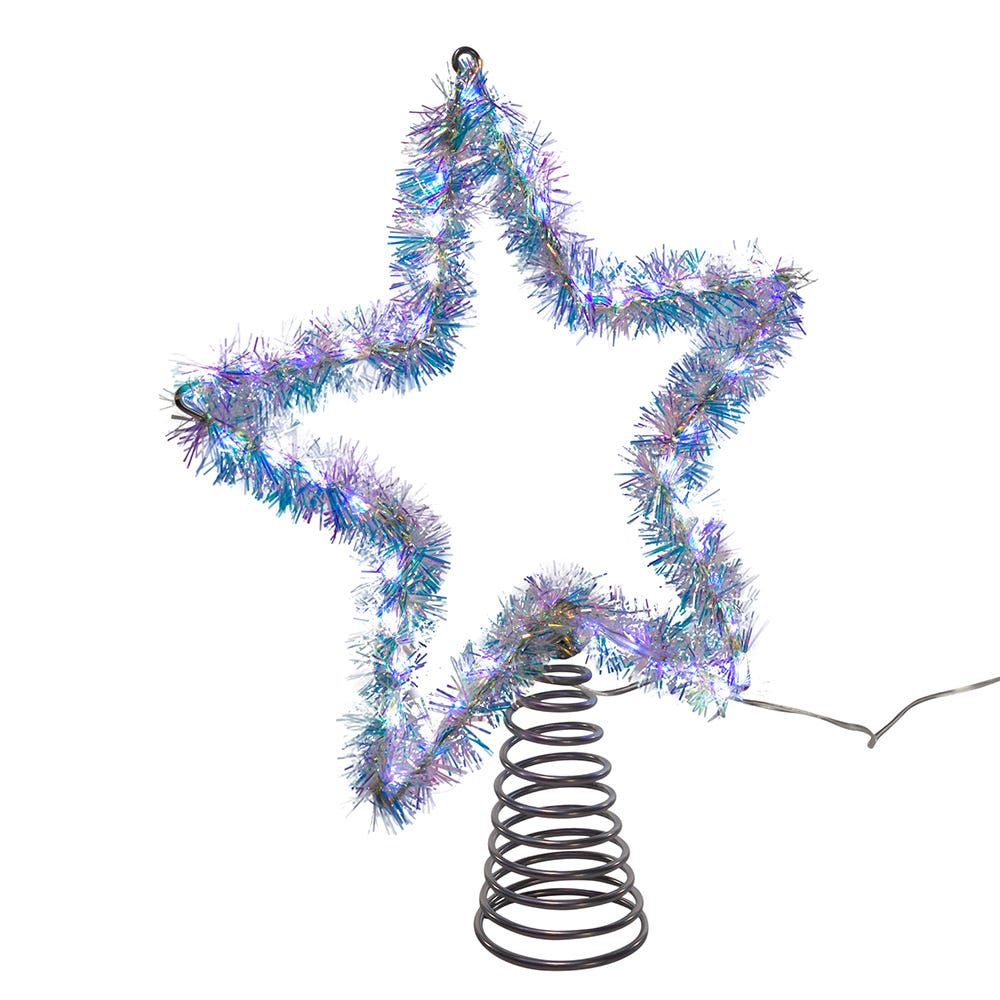 Cool White LED Silver Tinsel Star Treetop - 12 Inch