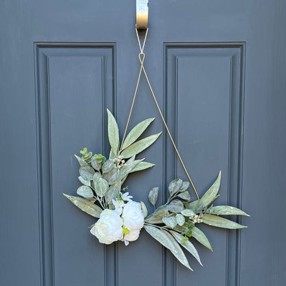 White Peony Eucalyptus Teardrop Wreath