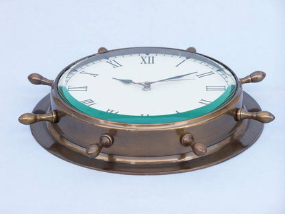 Antique Brass Ship Wheel Clock 15""