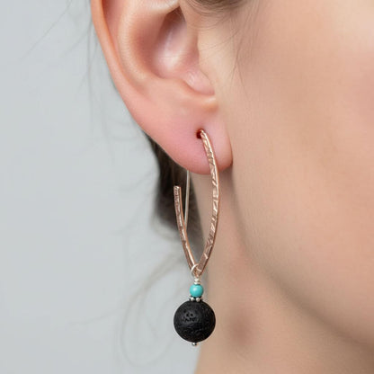 Hammered Pointed Oval Hoop Lava Rock Bead Earrings