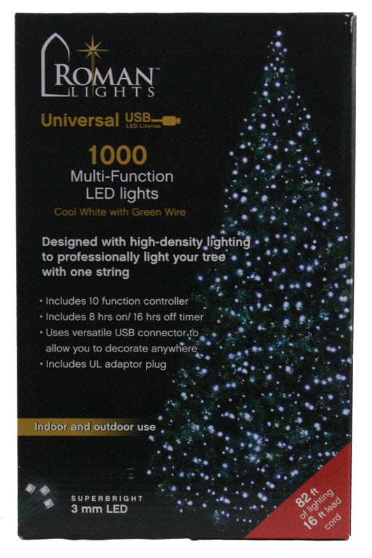 USB powered 1000 Superbright LED (82 foot) Green Wire Multifunction Lights with Timer - Cool White