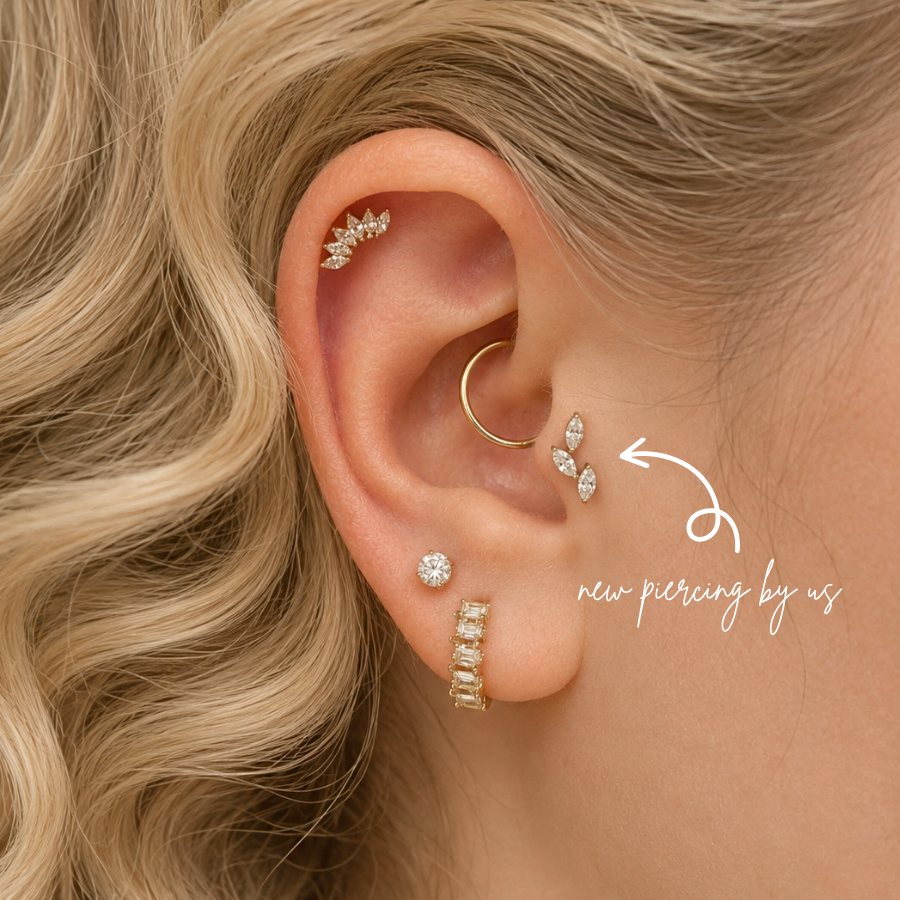 Oval CZ Leaves Branch Threadless Labret Titanium PVD Gold Flat Back Earring