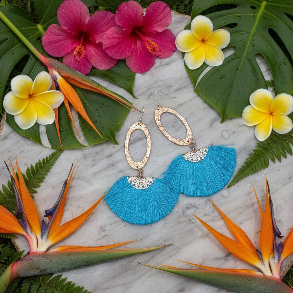 Long Copper Embossed Aqua Brushed Silk Fan Tassel Earrings