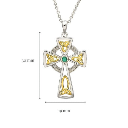 Trinity Knot Diamond And Emerald Silver Celtic Cross Pendant