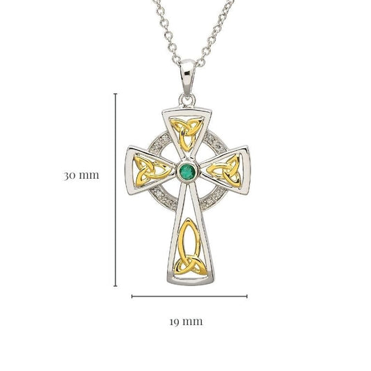 Trinity Knot Diamond And Emerald Silver Celtic Cross Pendant