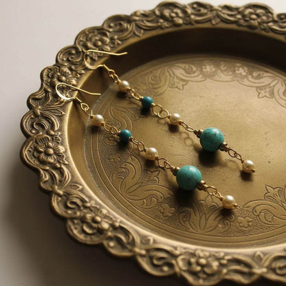 Long 14 K Gold Filled Turquoise Pearl Earrings