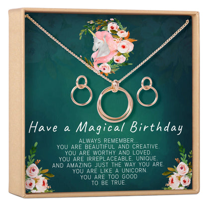 Unicorn Linked Circles Earring and Necklace Jewelry Set