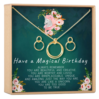 Unicorn Linked Circles Earring and Necklace Jewelry Set