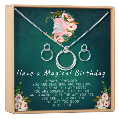 Unicorn Linked Circles Earring and Necklace Jewelry Set