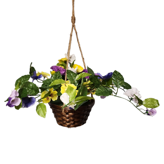 Trailing Pansy Flowers in 8" Hanging Bamboo Basket -