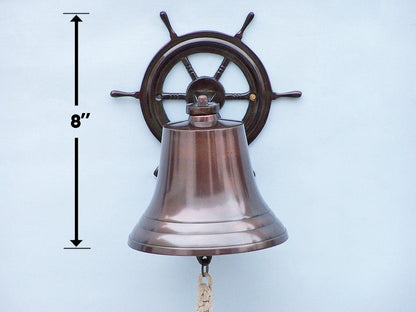 Antique Copper Hanging Ship Wheel Bell 8""