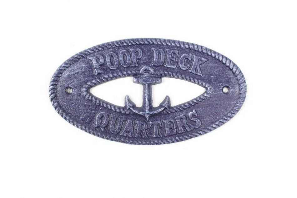 Rustic Dark Blue Cast Iron Poop Deck Quarters with Anchor Sign 8""