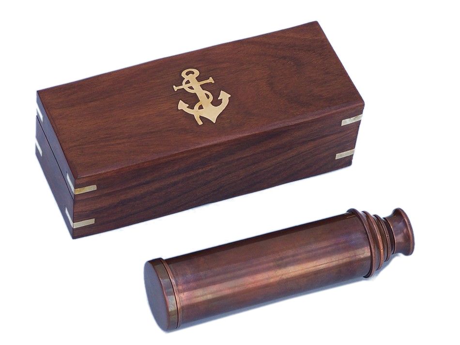 Deluxe Class Captain's Antique Copper Spyglass Telescope 15"" with Rosewood Box