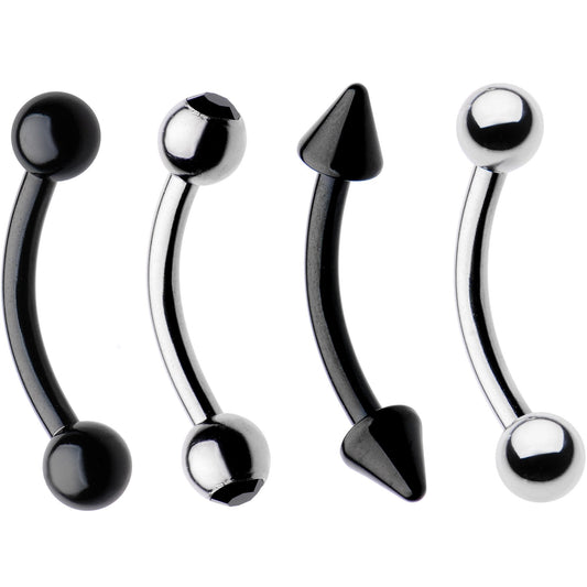 16G 5/16 Black Plated Steel Curved Barbell Eyebrow Ring Set of 4