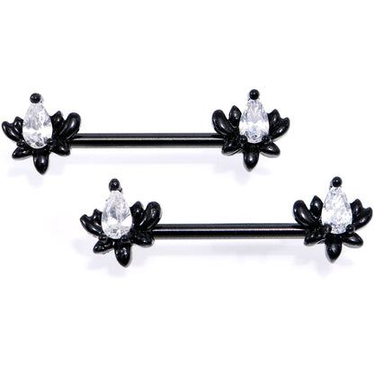 White Gem Black Anodized Fiery Flame Barbell Nipple Ring Set