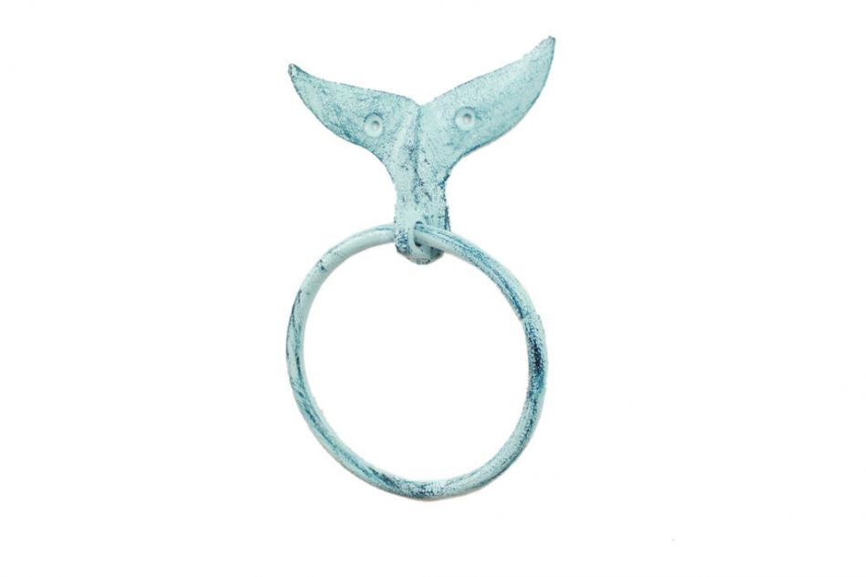 Rustic Dark Blue Whitewashed Cast Iron Whale Tail Towel Holder 7.5""
