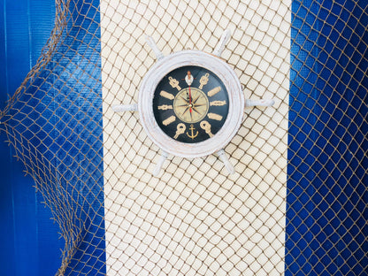 Wooden Rustic White and Blue Ship Wheel Knot Faced Clock 12""