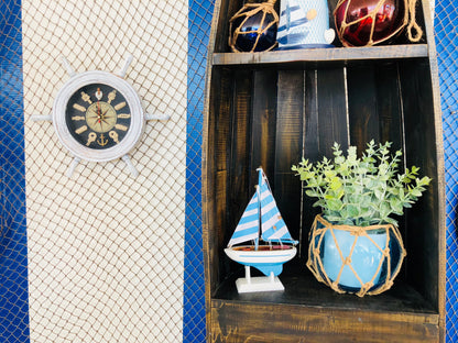 Wooden Rustic White and Blue Ship Wheel Knot Faced Clock 12""