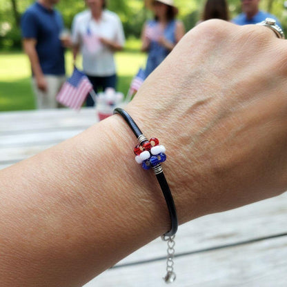 Patriotic Red White Blue Beaded Bead Leather Bracelet
