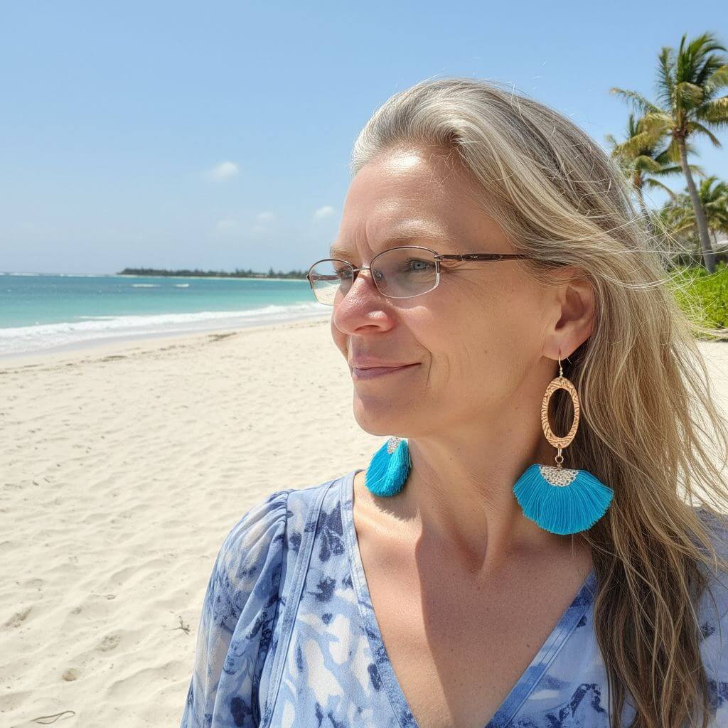 Long Copper Embossed Aqua Brushed Silk Fan Tassel Earrings