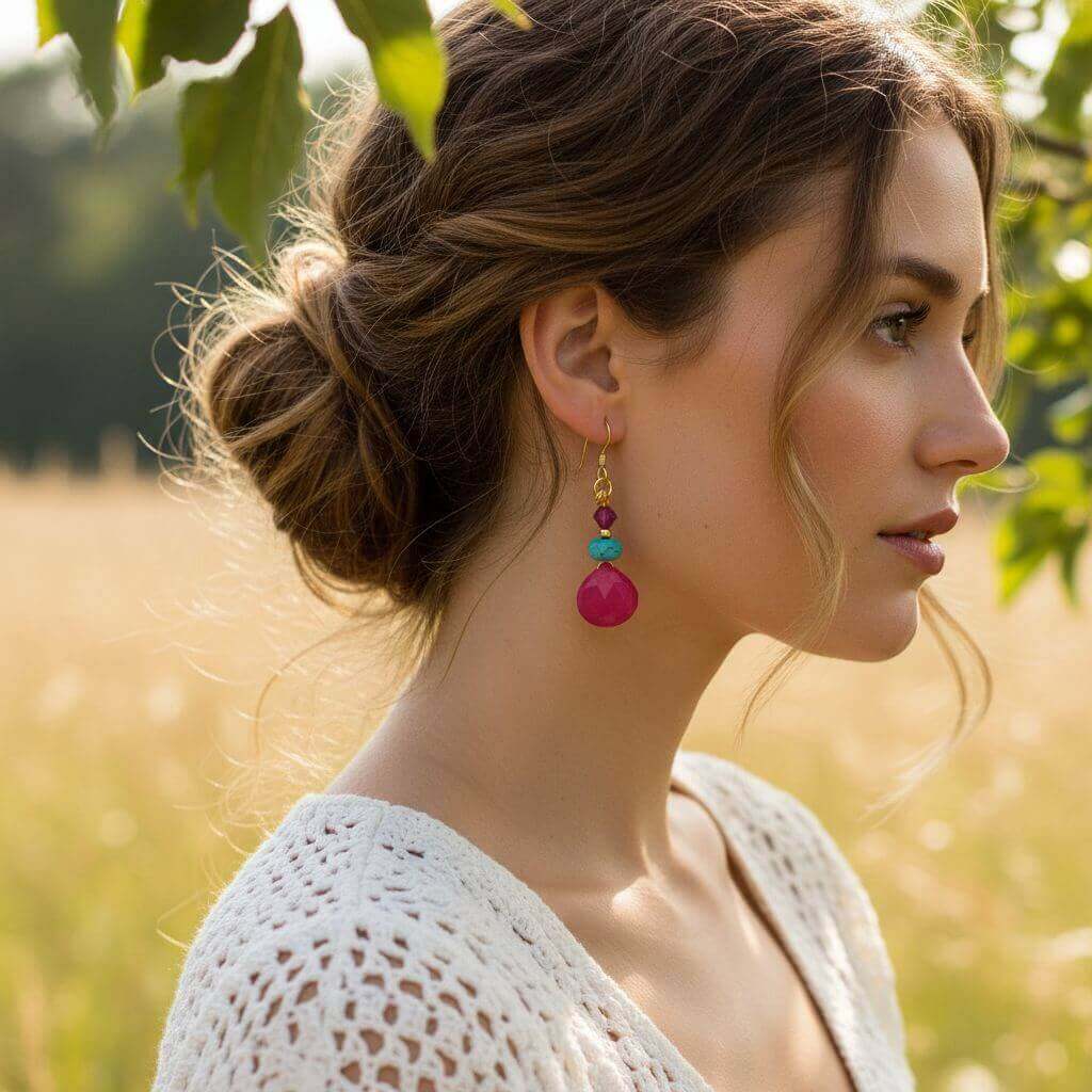 Gold Filled Wire Wrapped Pink And Aqua Gemstone Earrings