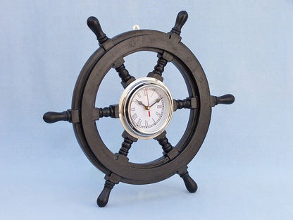 Deluxe Class Wood and Chrome Pirate Ship Wheel Clock 18""