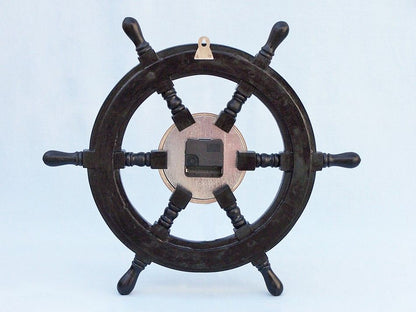 Deluxe Class Wood and Chrome Pirate Ship Wheel Clock 18""