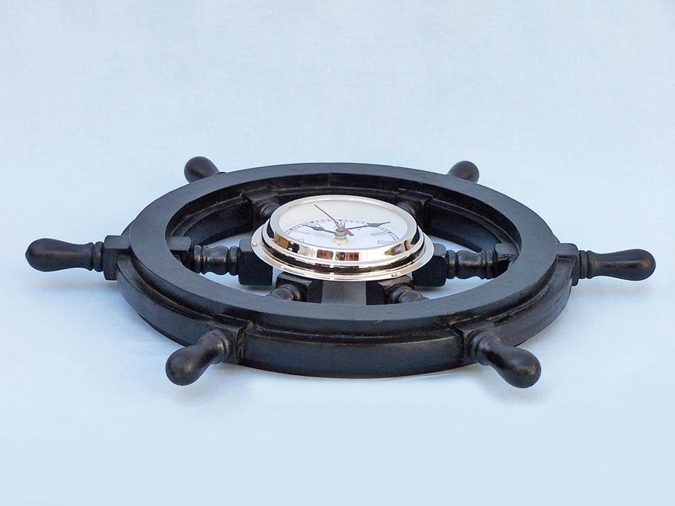 Deluxe Class Wood and Chrome Pirate Ship Wheel Clock 18""